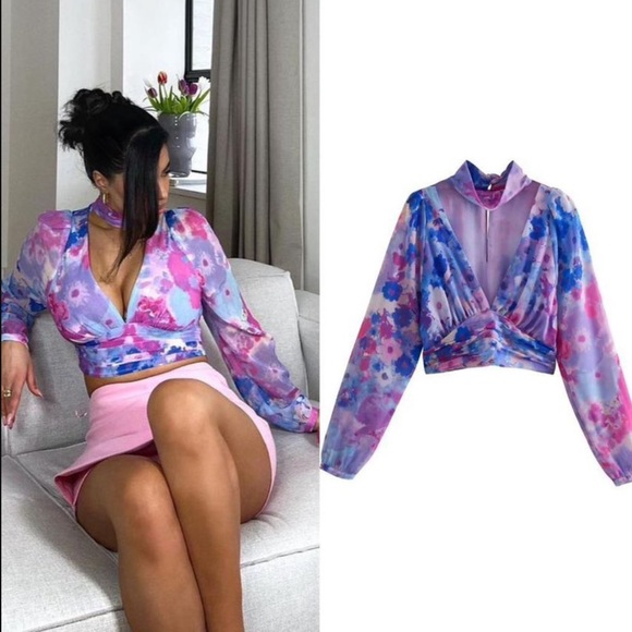 ZARA gorgeous purple/blue cropped blouse size small - Picture 6 of 12